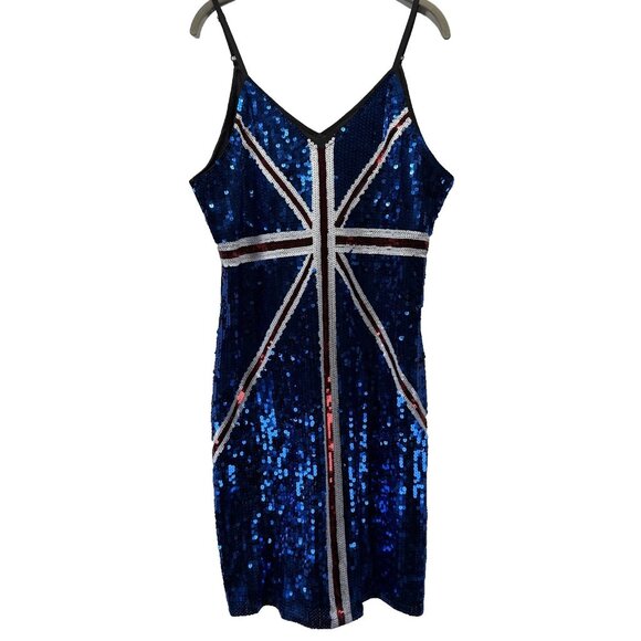 anna-kaci Women’s Mini Dress XL Blue Red Black Mesh Stretch Union Jack Sequin - Picture 1 of 9